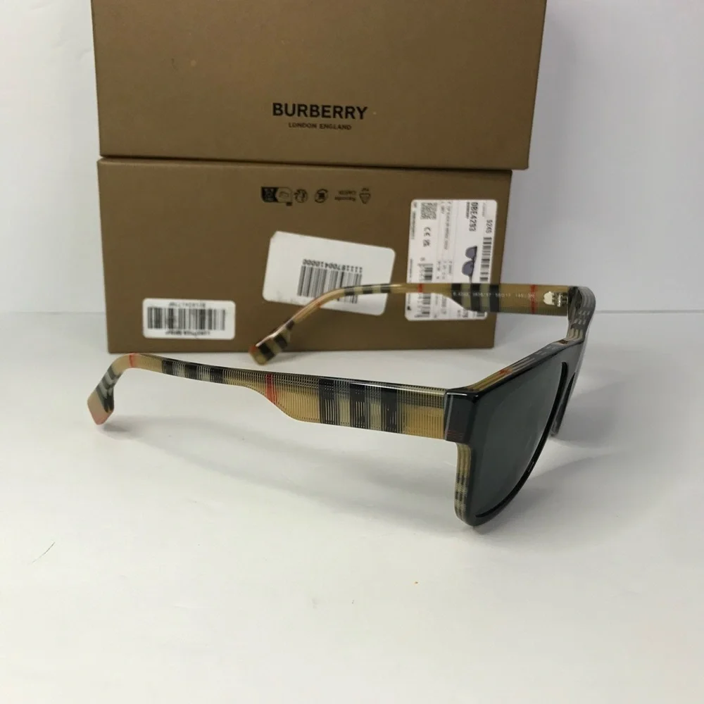 BURBERRY BE4293 380687 square sunglass black on vintage check framegrey lenses.